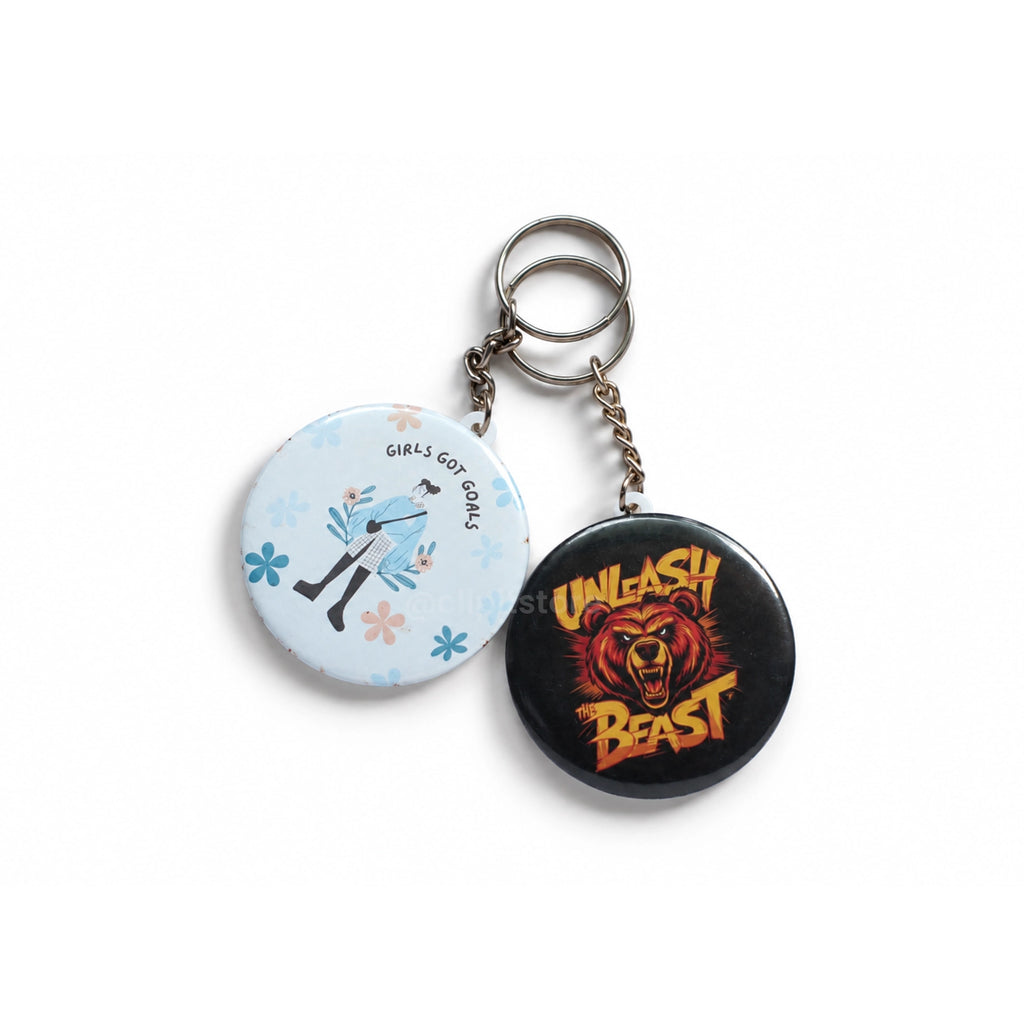 Custom photo keychain badges, two piece set