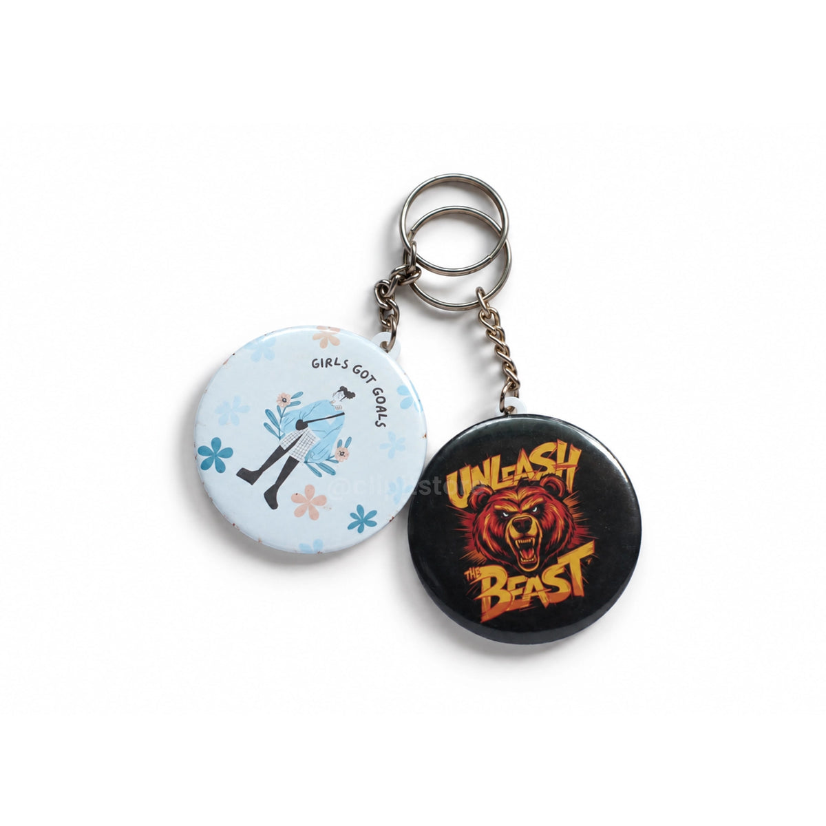 Custom photo keychain badges, two piece set