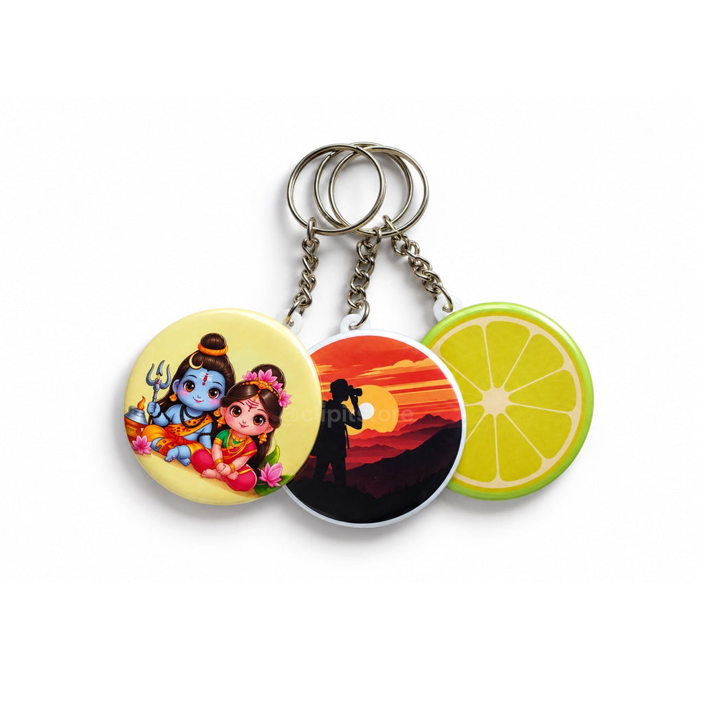 Custom photo keychain badges, three piece set with photos
