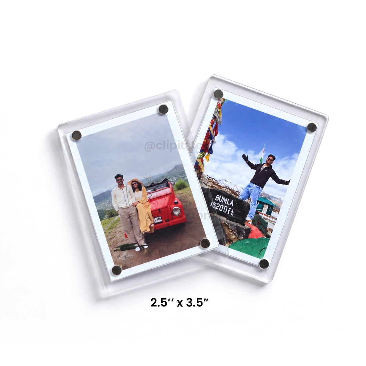 Two acrylic polaroid fridge magnets with personal photos