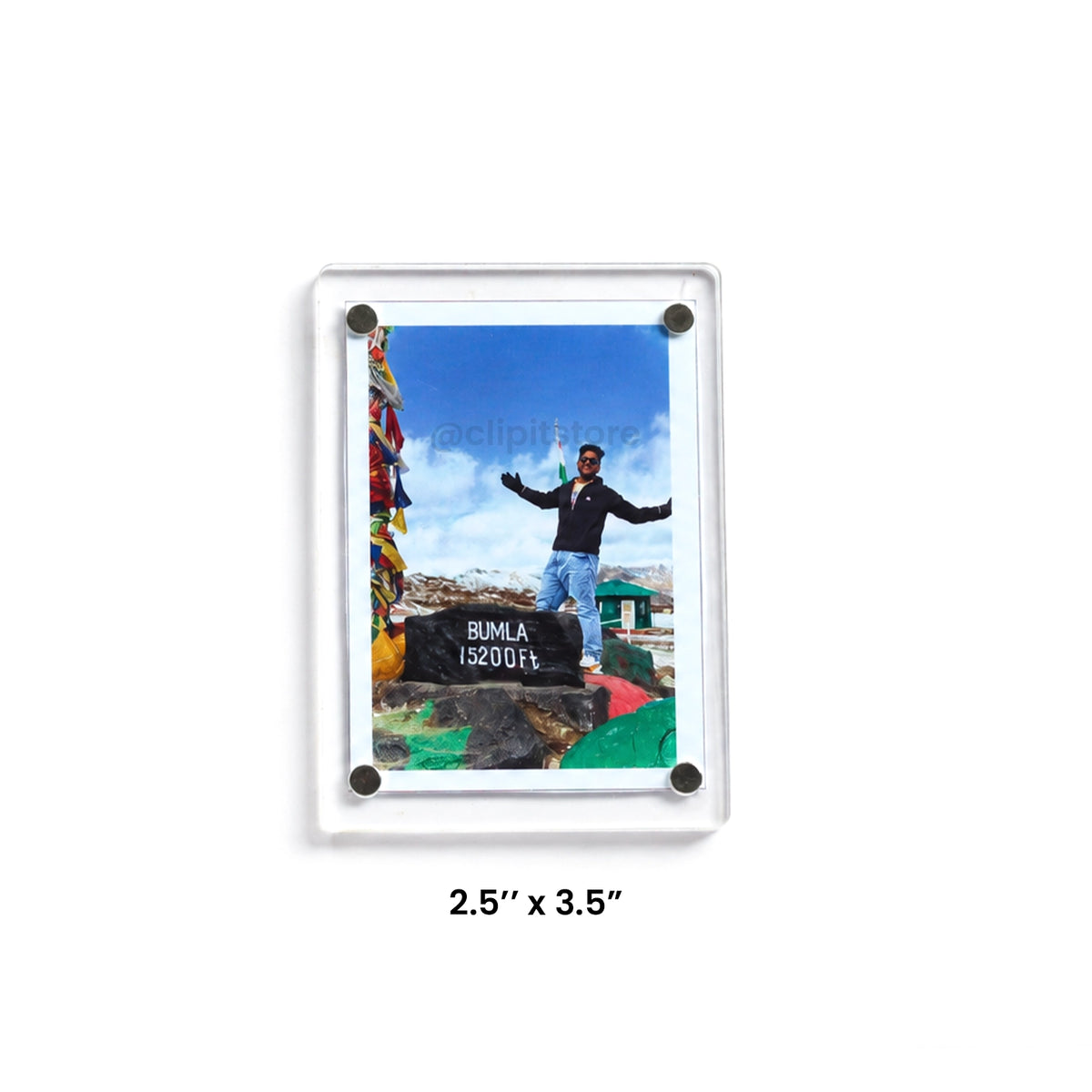 Acrylic polaroid fridge magnet 2.5 x 3.5 inches with a travel photo
