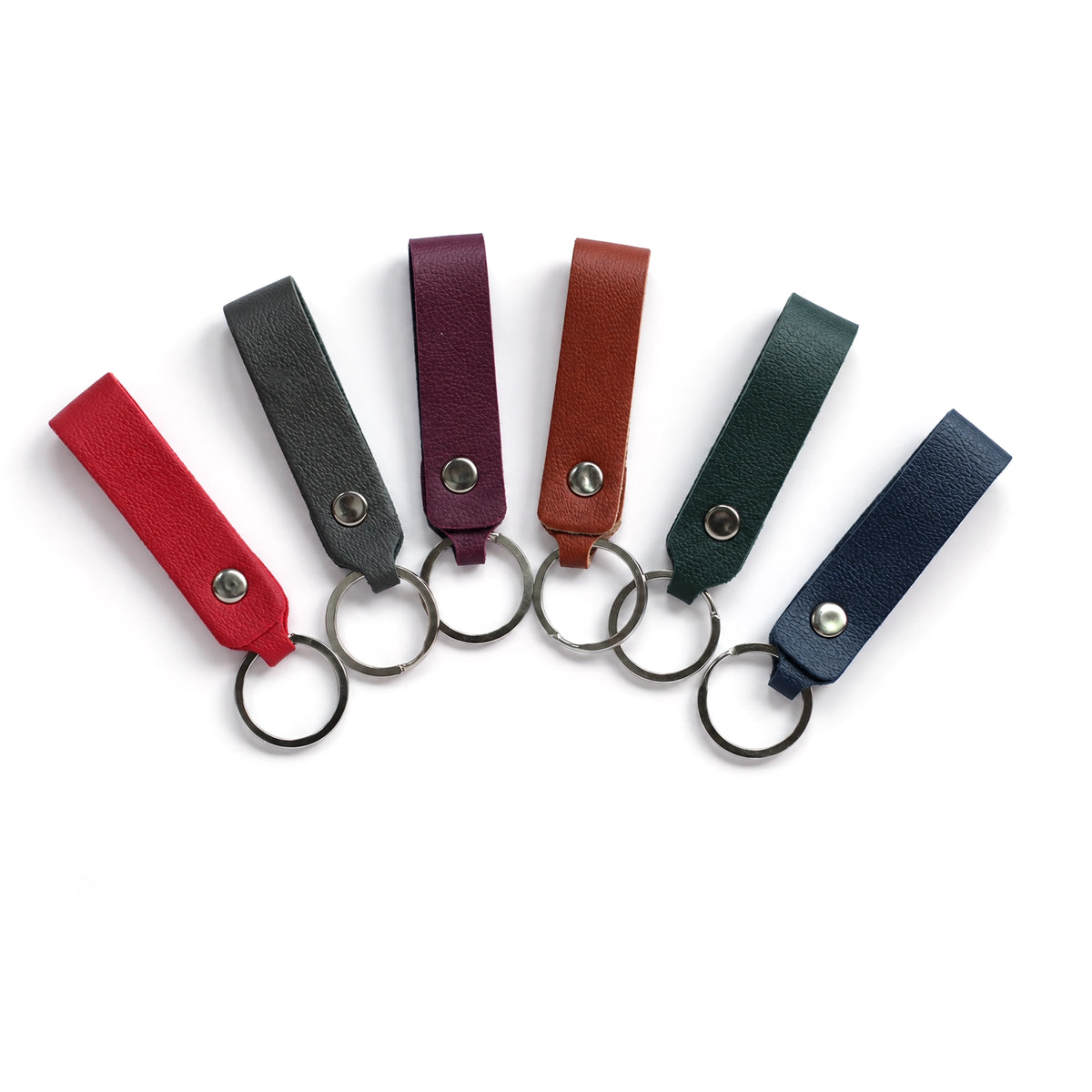 Leather strap keychains in red, black, wine, tan, green and navy