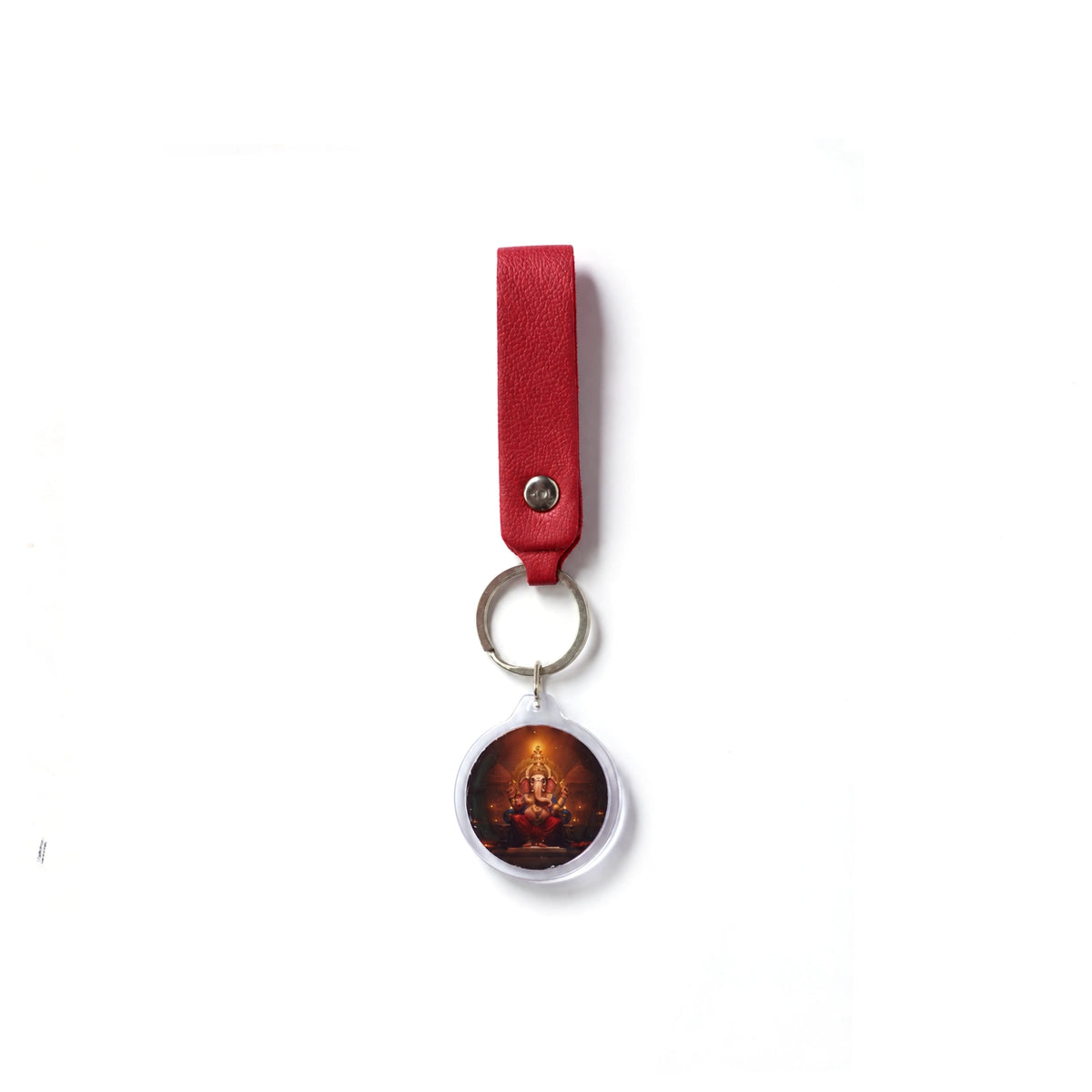 Red leather strap photo keychain with printed acrylic disc
