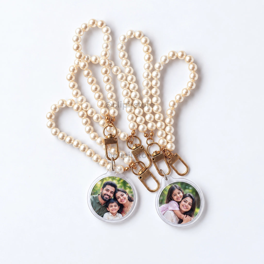 Group of pearl wristlet photo keychains with family photos
