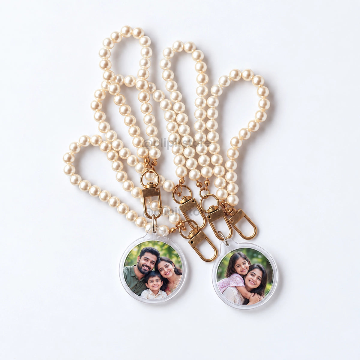 Group of pearl wristlet photo keychains with family photos