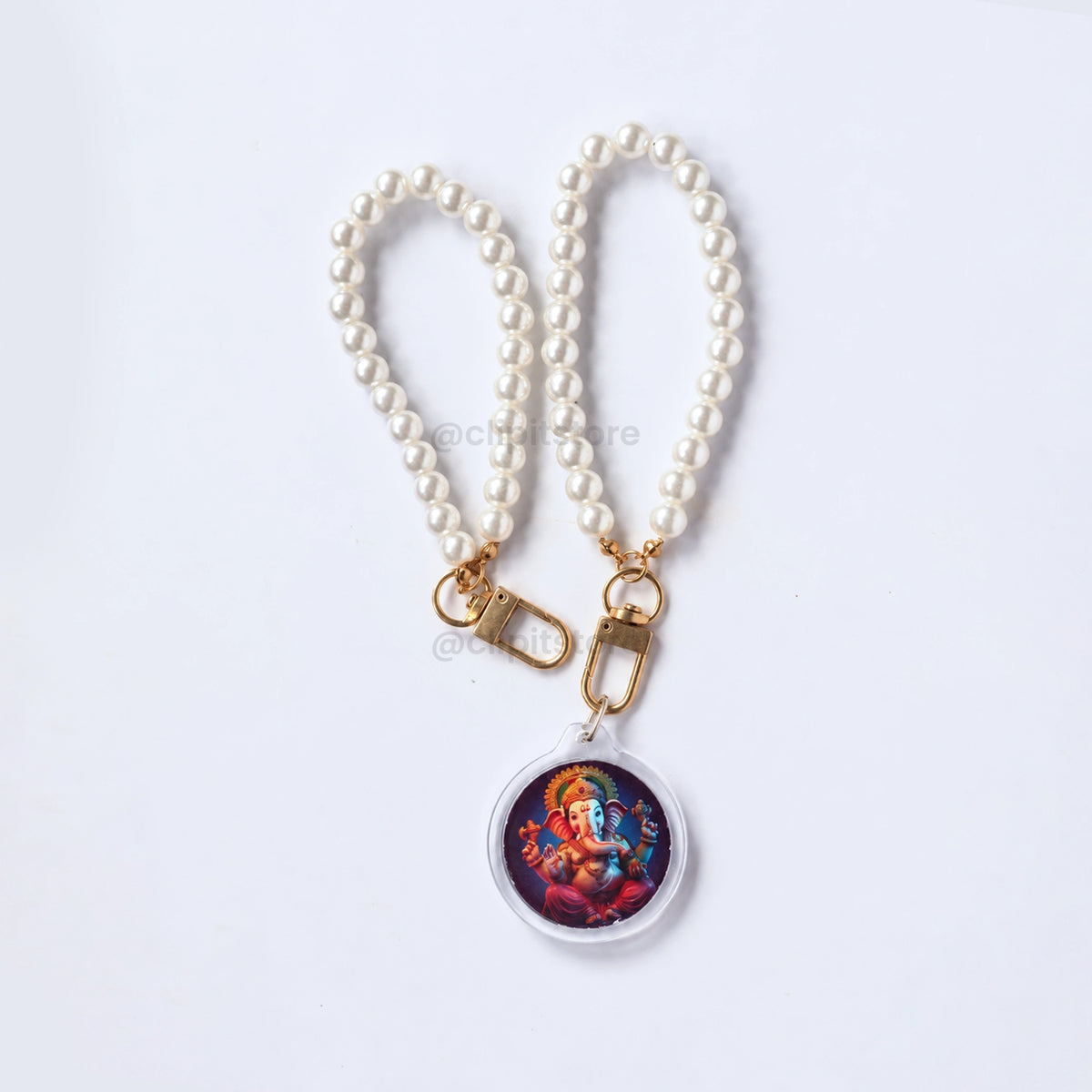 Pearl wristlet photo keychain with colourful deity artwork