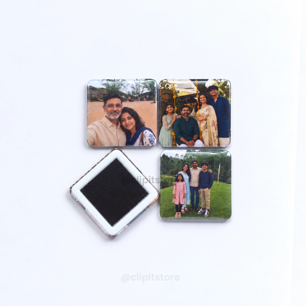 Square photo fridge magnets showing the magnet back