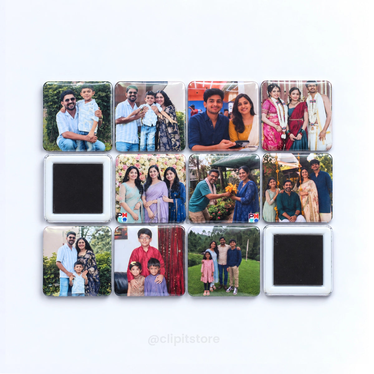Twelve square photo magnets showing printed fronts and magnet backs