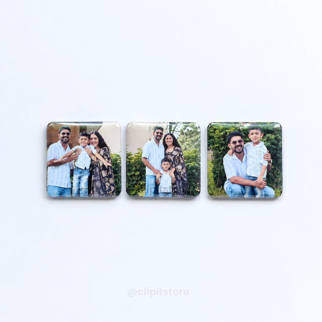 Three square photo fridge magnets in a row