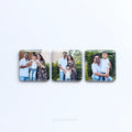 Three square photo fridge magnets in a row
