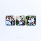 Three square photo fridge magnets in a row